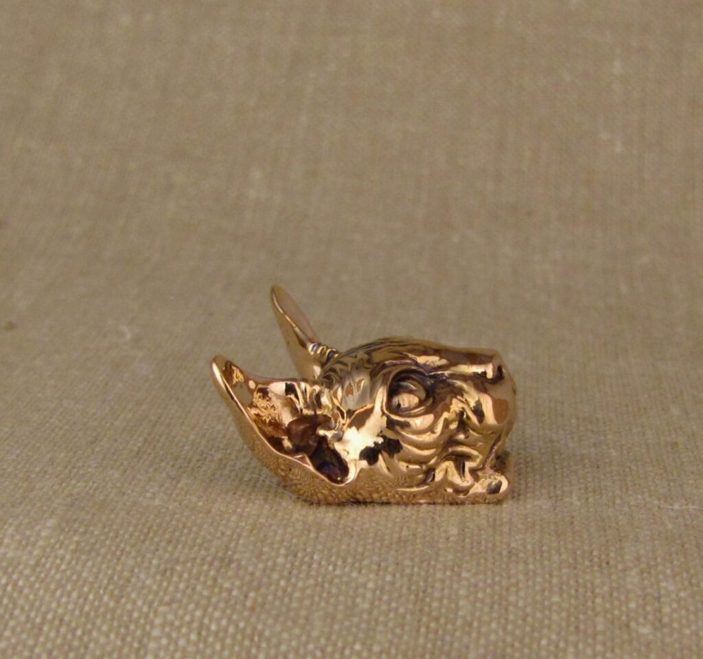 Custom designed & hand-carved Sphinx cat pendant components, 19K rose gold, 18K yellow gold, moonstone. Cheyenne Weil