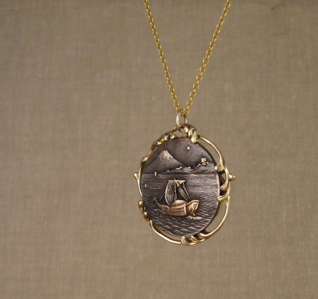 Custom designed & hand-carved pendant mounting for antique Japanese shakudo medallion. 14K. Cheyenne Weil 