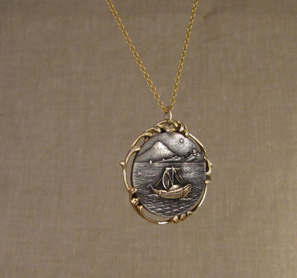 Custom designed & hand-carved pendant mounting for antique Japanese shakudo medallion. 14K. Cheyenne Weil 