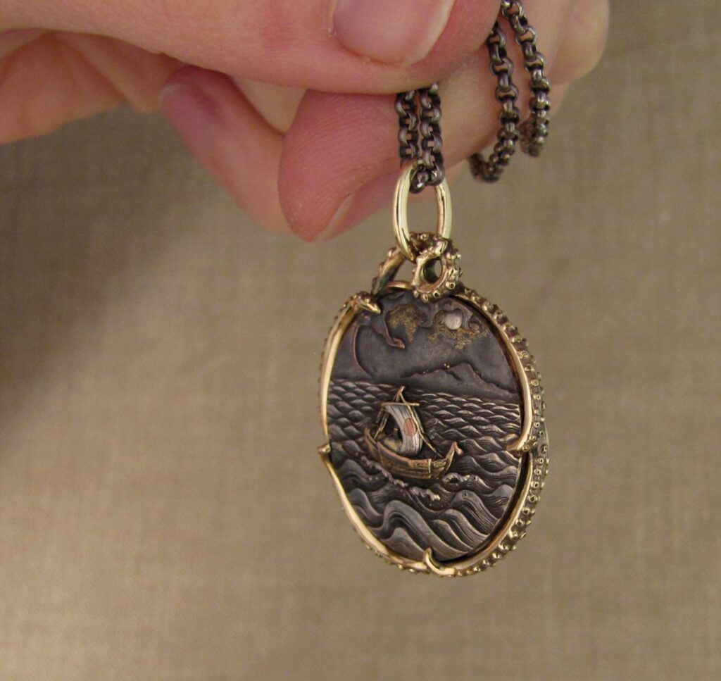 Custom designed & hand-carved tentacled Japanese Shakudo pendant in 14K. Cheyenne Weil