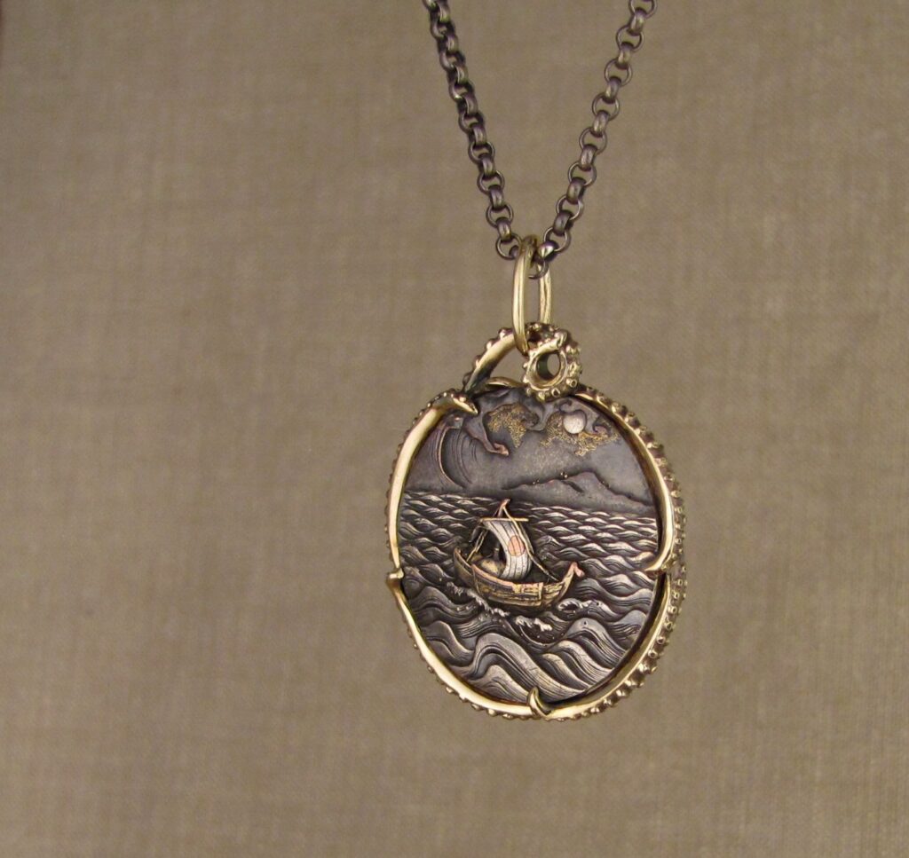 Custom designed & hand-carved tentacled Japanese Shakudo pendant in 14K. Cheyenne Weil